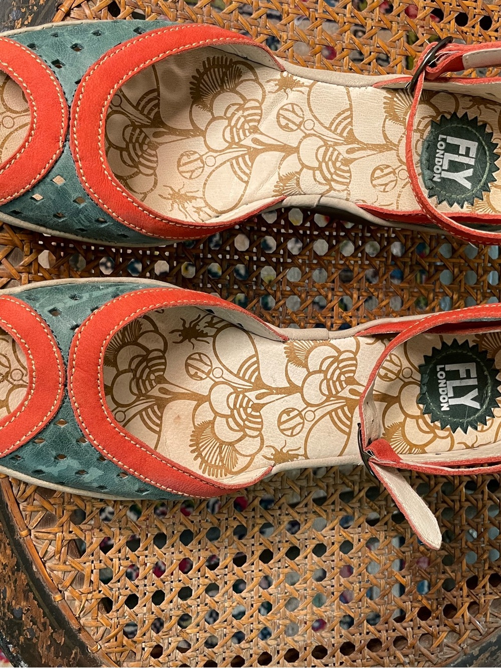 Fly London Two-Tone Green and Red Suede Ankle-Strap Wedge Sandals - Picture 4 of 9